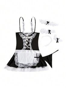 7 件装对比色蕾丝女仆装套装内衣 - 黑與白 - 查看 5