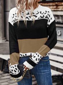 SHEIN LUNE Women Color Block Leopard Pattern Intarsia Knit Sweater, Casual For Autumn/Winter Knit Pullover Fall - Khaki - View 6