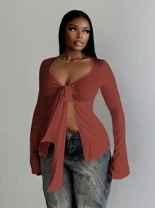 Slaydiva 女式时尚纯色系带袖口喇叭袖 T 恤，秋季 - 紅木色 - 查看 1