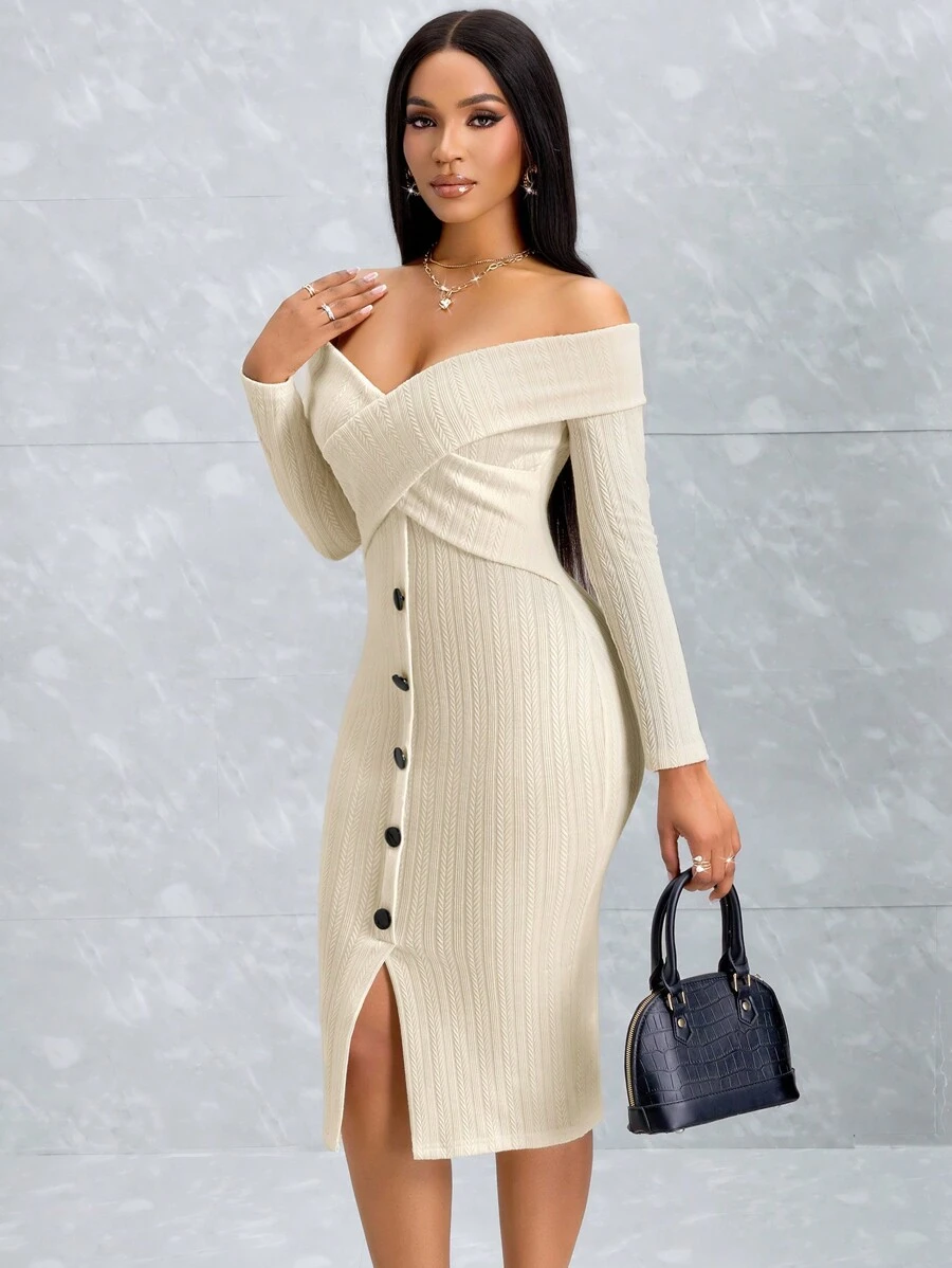 SOLERSUN Đầm nữ mùa thu giản dị, thanh lịch, cài nút ở giữa phía trước, ve vai một đường thẳng và xẻ tà - Màu be - Xem 1