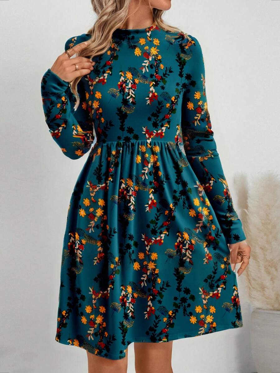 EMERY ROSE 休闲复古碎花印花修身长袖女式连衣裙，适合秋冬季 - 彩色 - 查看 1