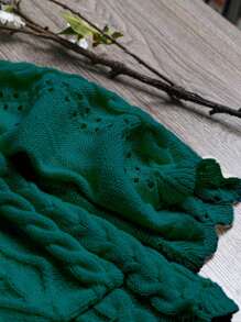 SHEIN LUNE Women Plus Size Open Front Cable Knit Solid Cardigan Short Cardigan, Winter - Dark Green - View 7