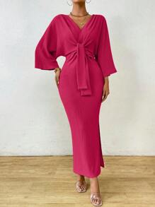 SHEIN Clasi 1pc Women Plain Color Long Sleeve Front Tie Slit Simple Casual Dress Maxi Women Outfit