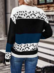 SHEIN LUNE Women's Fashionable Leopard Print Patchwork Crew Neck Long Sleeve Casual Sweater, Autumn/Winter Knit Pullover Fall Outfit