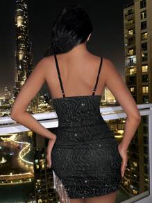 VaVaBold Fall & Winter Sequins Sexy Crystal Fringe Spaghetti Strap Bodycon Women Mini Dress - Black - View 2