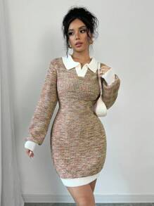 Elenzga Women Colorblock Trim Turndown Collar Long Sleeve Sweater Dress, Casual Fall Cloth For Women