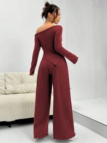 SHEIN Unity 2 件纯色不对称领长袖上衣和裤子休闲套装新年衣服 - 紅色 - 查看 2