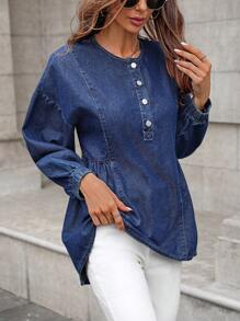 SHEIN LUNE Camisa vaquera casual de cuello redondo con botones delanteros lisos y manga larga