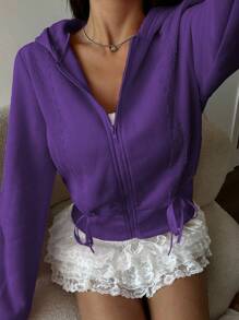 SHEIN Unity Casual Solid Color Lace Trim Bow Hoodie, Suitable For Autumn Pullover Fall - Purple - View 1