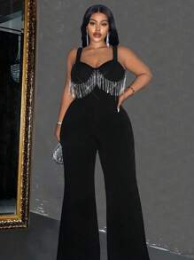 Maweii Plus Size Women Sparkly Beaded Strap Patchwork Tassels Jumpsuit, FashionableValentine's Day - Black - View 1