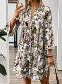SHEIN LUNE Vestido informal de vacaciones con botones frontales y estampado floral todo sobre todo