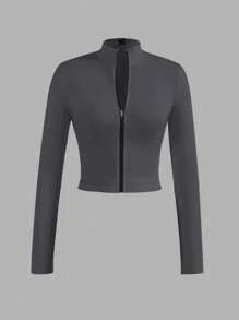 Slaydiva Minimalist Casual Basic Turtleneck Zipper V-Neck Long Sleeve Tight Stretch Women Tops, Autumn/Winter - Grey - View 1