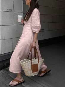 INAWLY Đầm dài cài nút phía trước màu trơn đơn giản cho nữ, mùa thu - Bụi hồng - Xem 5