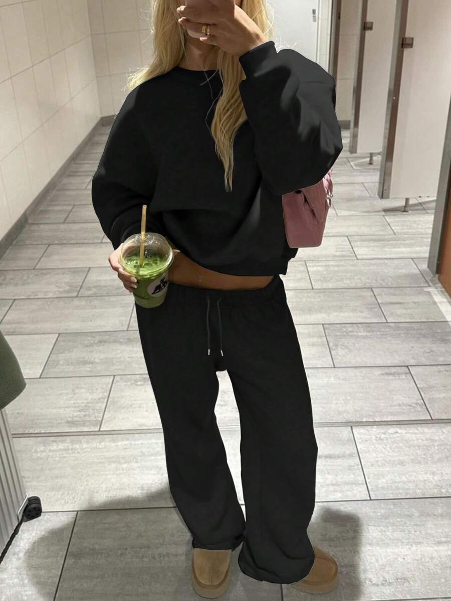 INAWLY Set de 2 piezas de mujer con sudadera de cuello redondo y manga larga informal talla grande pantalones con cintura con cordón, para otoño