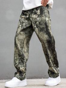 Manfinity LEGND All-Over Print Plus Size Men's Camo Casual Long Straight Pants With Pockets, For Going Out Street Wear, For Husband, Boyfriend Gifts