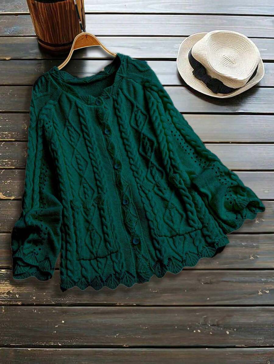 SHEIN LUNE Cárdigan corto abierto delante, de punto trenzado, sólido, para mujer talla grande, de invierno - Verde Oscuro - Ver 1