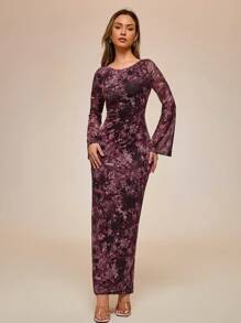Glamine 1 pieza Vestido con estampado floral elegante en todo el Body, mangas acampanadas, cintura con lazo y espalda descubierta, atuendo para fiesta de Navidad