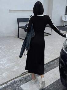 DAZY V领撞色女式长袖休闲中长连衣裙，秋季服装