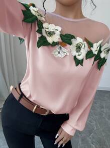Chiquease Floral Embroidered Mesh Contrast Women Elegant Round Neck Long Sleeve Blouse, Autumn