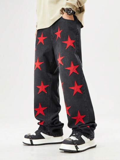 Street Life Jeans amples décontractés à jambes larges avec poches imprimées d'étoiles pour hommes