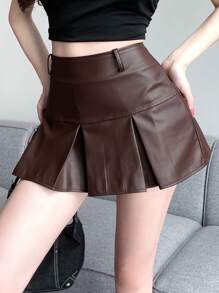DAZY Women Solid Color Pleated PU Skirt Fall Skirts