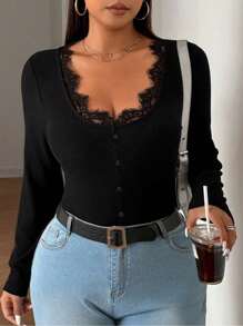 Franclia Plus Size Women Deep V-Neck Contrast Lace Long Sleeve T-Shirt, Casual & Slimming, Decorative Button Design, Autumn/Winter
