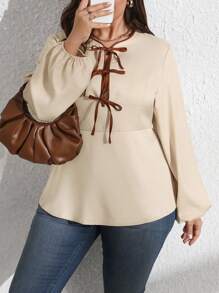 Flirla Plus Size Women Elegant Casual Commuter Solid Color Contrast Color Bowknot Waist A-Line Long Sleeve Shirt, Spring & Autumn