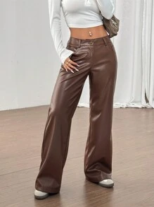 SHEIN Unity Pantalon en PU lavé à taille ultra basse et jambe droite simple - Tabac - Voir 3