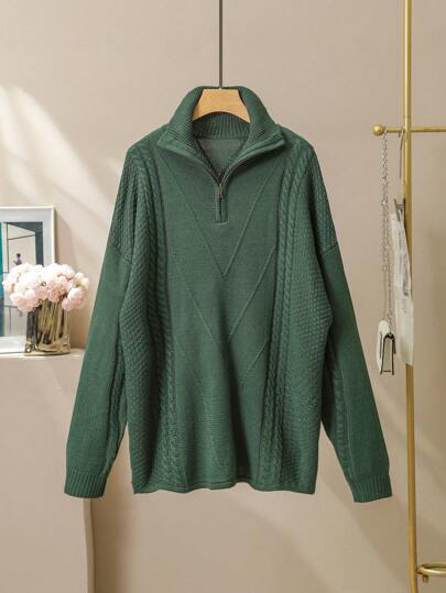 Mulvari Plus Size Solid Color Quarter Zipper Sweater, Casual For Daily Wear, Autumn/Winter Knit Pullover Fall