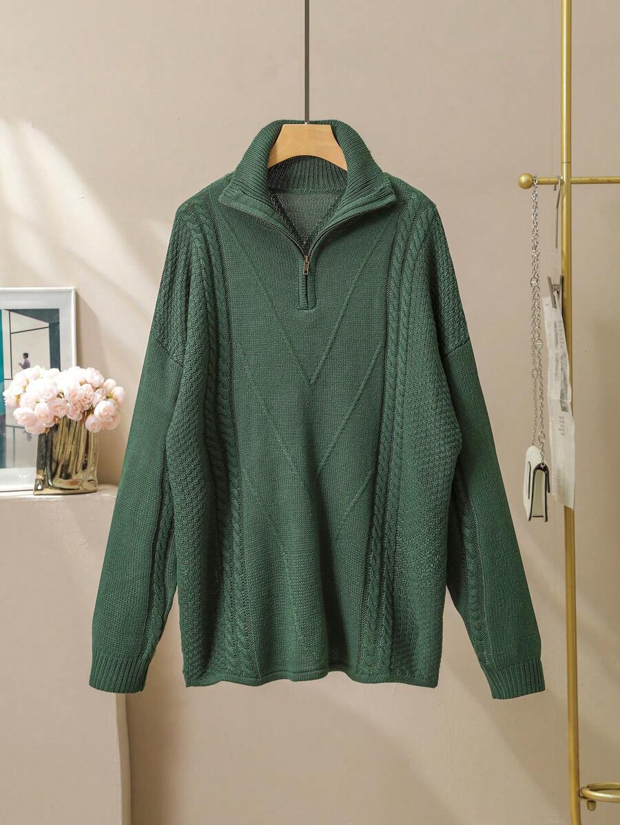 Mulvari Sweater Ukuran Besar Warna Polos dengan Resleting Seperempat, Kasual untuk Pemakaian Sehari-hari, Pullover Rajut Musim Gugur/Musim Dingin - Dark Green - View 1