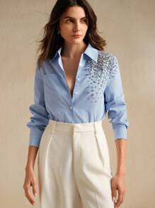 Anewsta Camicetta elegante da donna con strisce e decorata a mano con cristalli