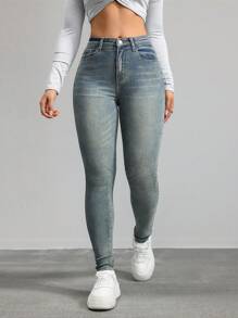 SHEIN Essnce Quần Jeans Denim Skinny Casual Thiết Kế Túi Cho Nữ - Rửa tối - Xem 6