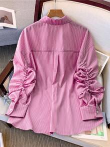 SHEIN LUNE 女士休闲条纹前扣衬衫，适合秋季粉色衬衫女士长袖衬衫女孩 - 粉色 - 查看 2