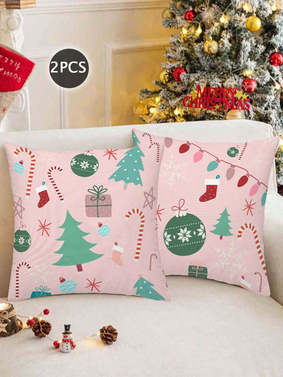 2 vỏ gối trang trí Giáng sinh, khóa kéo ẩn, làm bằng vải polyester, không có ruột - Hồng - Xem 1