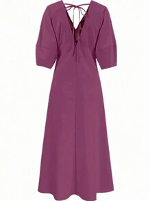 INAWLY Women's Solid V-Neck Button-Up Slim Fit Casual Dress