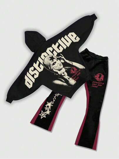 Street Life بدلة رياضية كاجوال للرجال تتكون من هوديي بأكمام خفافيش مطبوع عليه حرف وبنطلون رياضي، مناسبة لموسم الخريف وعيد الهالوين