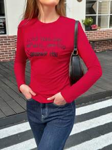 Jouncy Áo thun cổ tròn dài tay in khẩu hiệu thường ngày dành cho nữ, mùa thu - Màu Đỏ Sâu - Xem 4