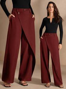 Anewsta Pantalones rectos con bolsillos de unicolor con drapeado asimétrico y cruce envolvente, para ropa de Año Nuevo