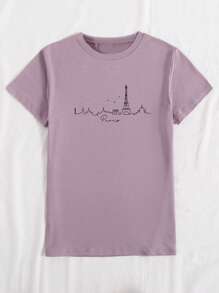 INAWLY 巴黎风景轮廓女式 T 恤，别致线条艺术印花圆领短袖休闲 T 恤图案 T 恤女式上衣 - 紫色 - 查看 4