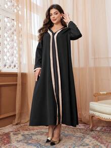 Al Najma Plus Size V-Neck Patchwork Long Dress, Loose Casual Modest Long Sleeve Dress For Autumn/Winter