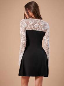 Forever 21 Women's Elegant Colorblock Lace Patchwork Mini Dress, For Autumn - Black and White - View 6