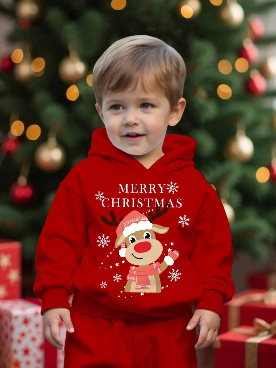 SHEIN Baby Jungen Weihnachten Rentier-Winkend-Muster Gestrickte Dicke Kapuzen-Sweatshirts, weich und lässig, geeignet für den Herbst - Rot - Übersicht 1