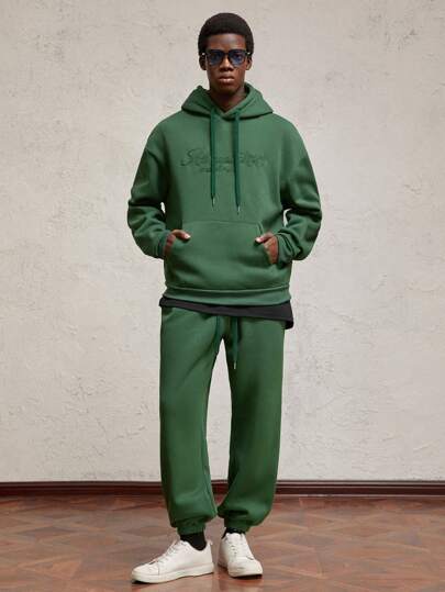 Set de 2 sudaderas con capucha de cuello redondo con estampado de letras para hombres, con forro térmico, adecuado para otoño/invierno