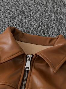Chiquease Wide Lapel Snap Button Panel Stitching Elastic Hem Music Festival Short Leather Jacket