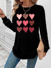 SHEIN LUNE Casual Heart Pattern Minimalist Loose Fit Crew Neck Long Sleeve Sweatshirt For Women, Suitable For Autumn & Winter