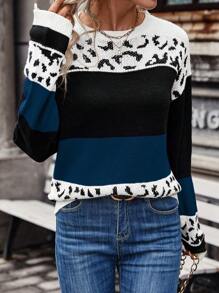 SHEIN LUNE Women's Fashionable Leopard Print Patchwork Crew Neck Long Sleeve Casual Sweater, Autumn/Winter Knit Pullover Fall Outfit