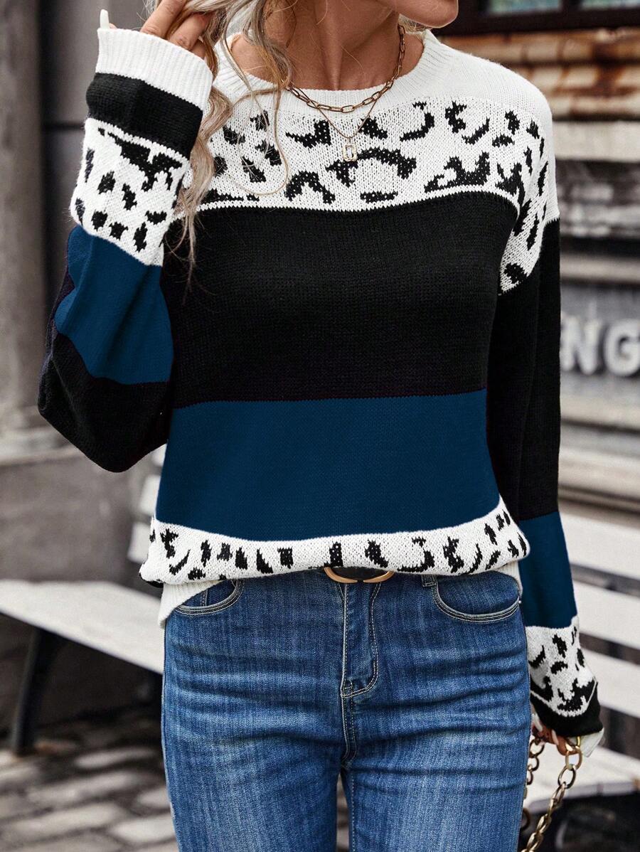 SHEIN LUNE Women's Fashionable Leopard Print Patchwork Crew Neck Long Sleeve Casual Sweater, Autumn/Winter Knit Pullover Fall Outfit