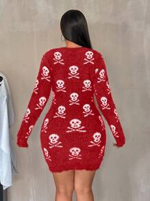 Zolique New Halloween Skull Pattern Bodycon Plush Crew Neck Long Sleeve Distressed Sweater Dress Fall Cloth For Women - Red - View 2