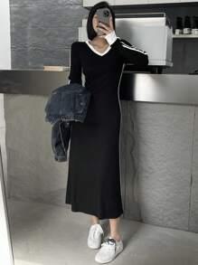 DAZY V领撞色女式长袖休闲中长连衣裙，秋季服装