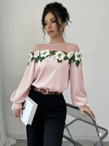 Chiquease Floral Embroidered Mesh Contrast Women Elegant Round Neck Long Sleeve Blouse, Autumn